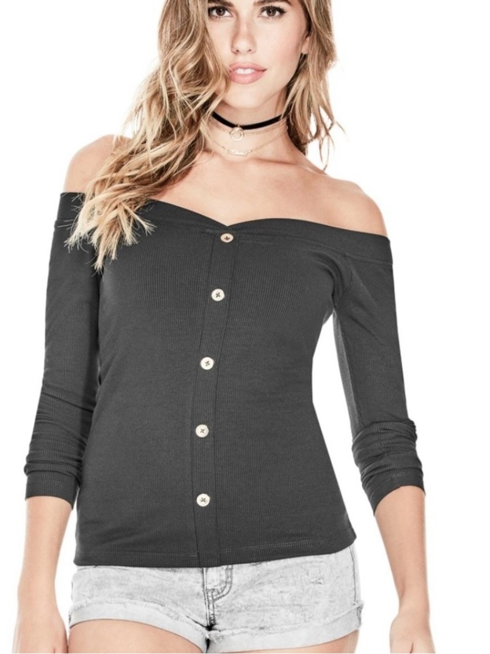 NWT G by Guess Black Ribbed Off Shoulder Button Front Top XS